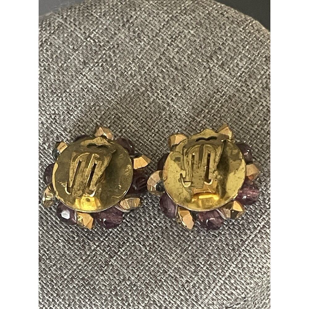 Vintage Germany Beaded Amethyst Colored Clip Brass Retro Cocktail Dress Earrings - Picture 3 of 6